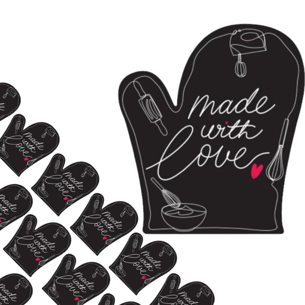 Made with Love Stickers – 100 count - 2"x 1.75" -  Oven Mitt - Red Foil Heart